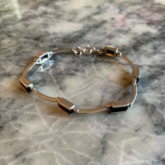 Sterling Silver Bracelet Black Stone Rectangles Link Stamped 925 A1 Artist Vtg - Picture 10 of 10